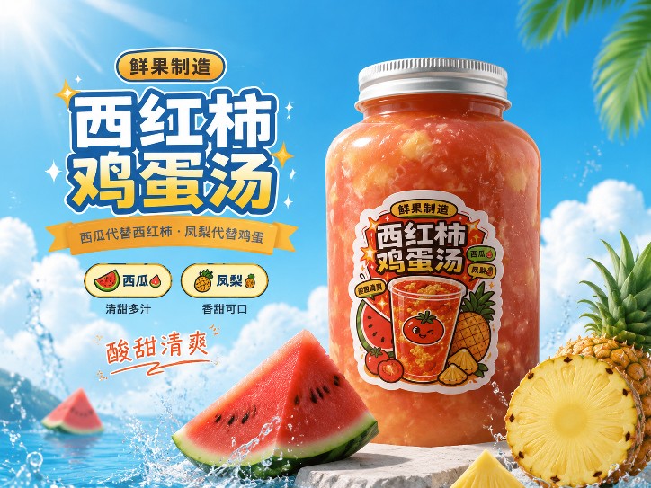 西红柿鸡蛋汤（西瓜、凤梨、蛋花果冻）